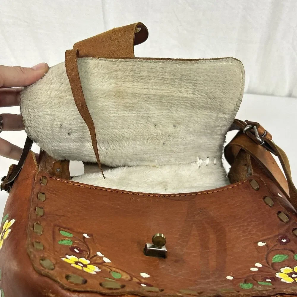 Hand Tooled Leather Saddle Purse Hand Painted Floral Western Shoulder Bag